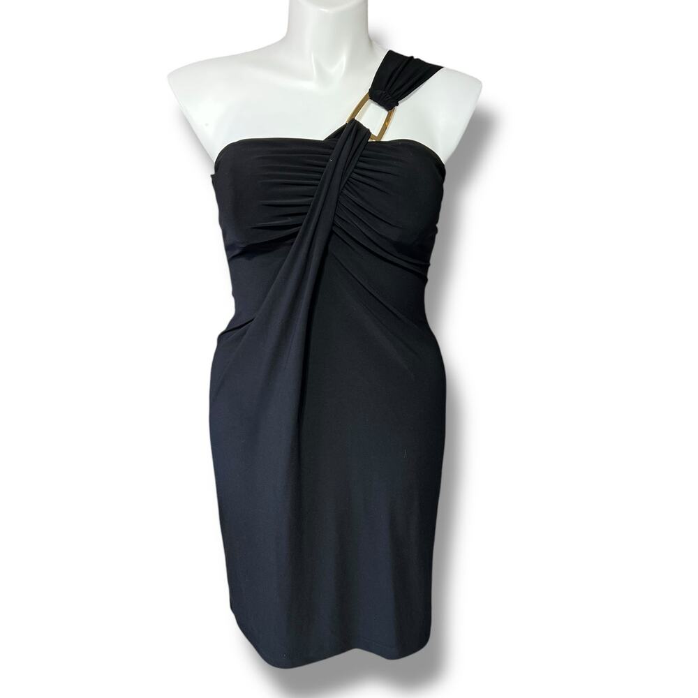 Vintage Ronni Nicole Womens One Shoulder Mini Dress Black Gold Y2K 90s Size 12